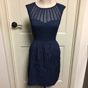 Navy Open Back Fit Flare Dress Caged Neckline
